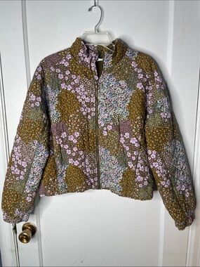 Sonoma Quilted Jacket Medium Floral Ditzy Print Purple Brown Full Zip Ladies M